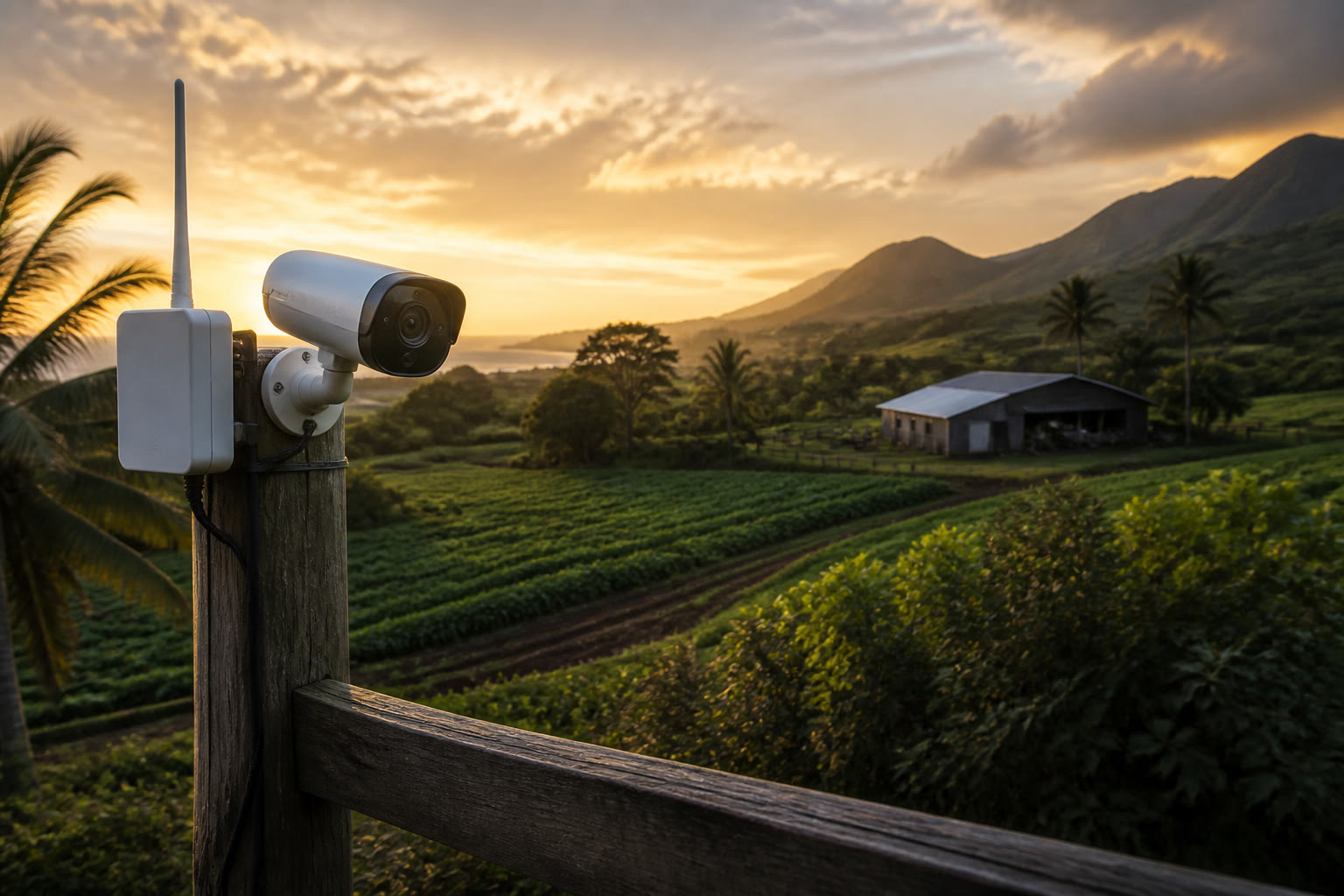 Farm camera and wireless antenna at golden hour